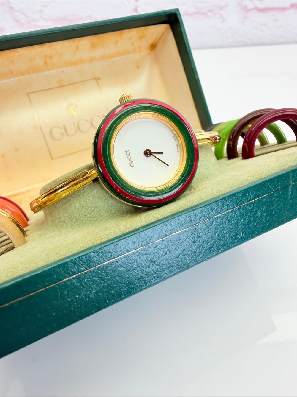 Gucci Interchangeable Bangle Watch with Colored Bezels - Gold & Green - Picture 2 of 8